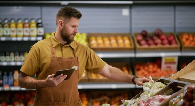 Grocery Worker Organizing Produce in Fresh Section